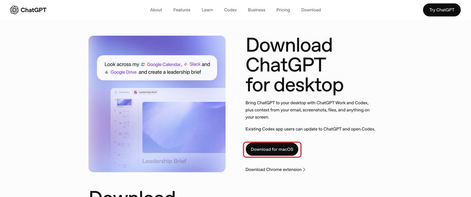 ChatGPT 官方下载页，红框里的按钮就是下载