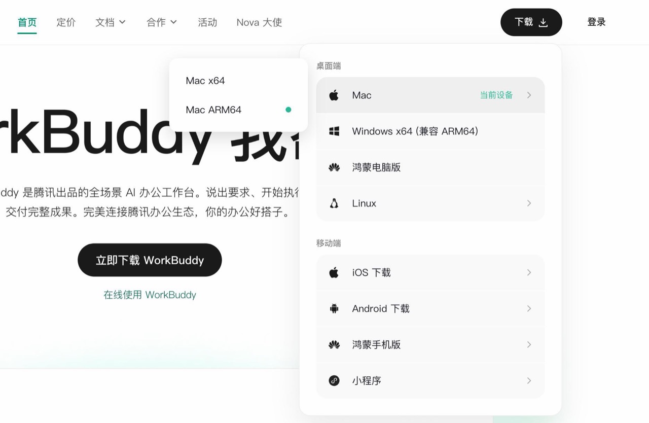 WorkBuddy 官网的下载菜单，带绿点的那一项就是你这台电脑该下的